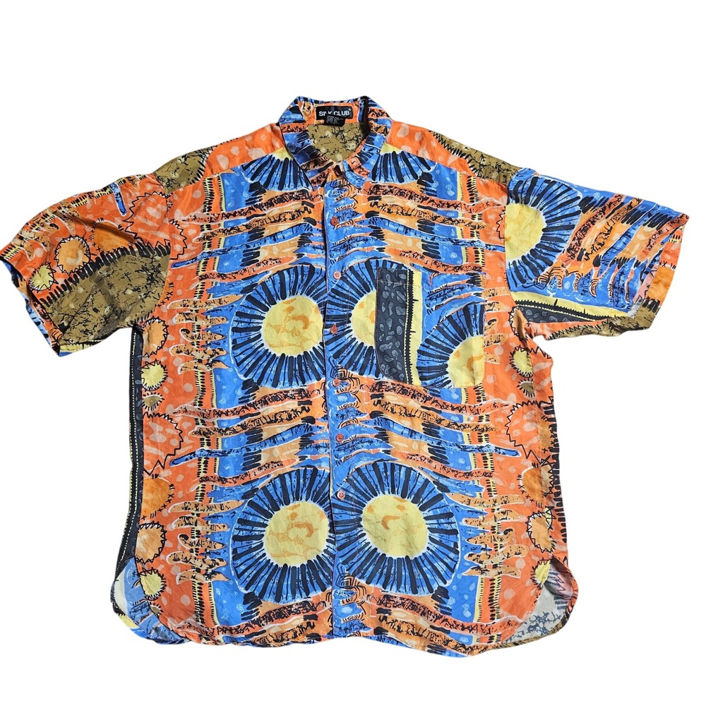 Vintage Silk Club Mens Silk Abstract Sunburst Geometric Button Up Shirt L Resort